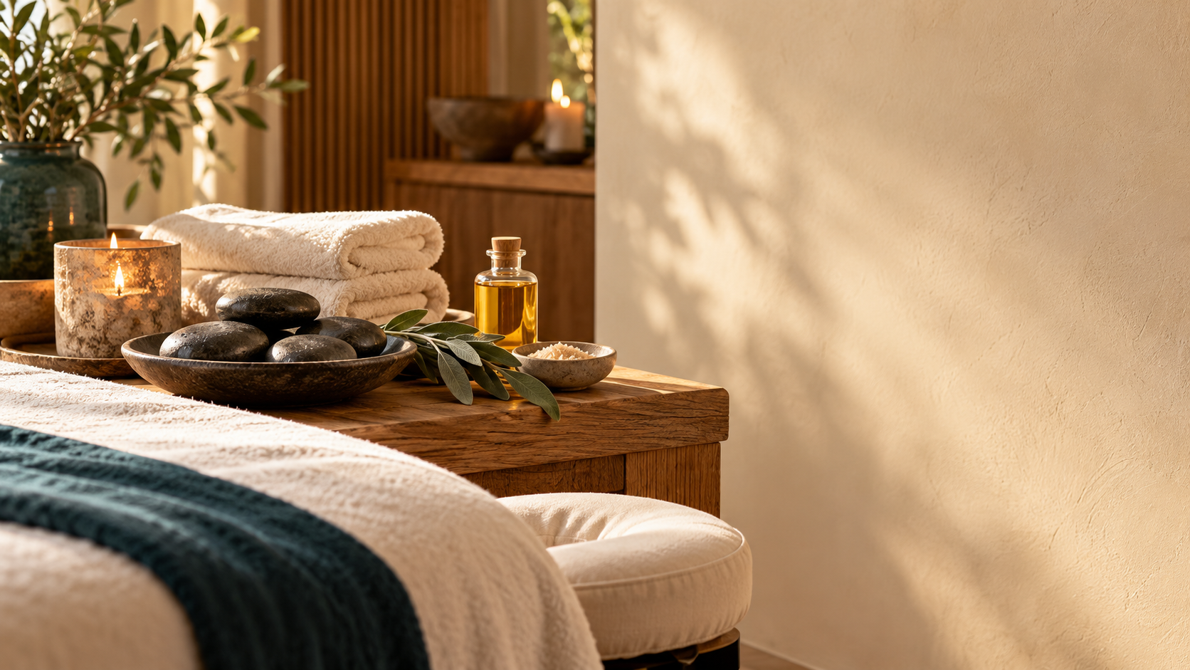 Massage oil, warm stones and freshly folded towels